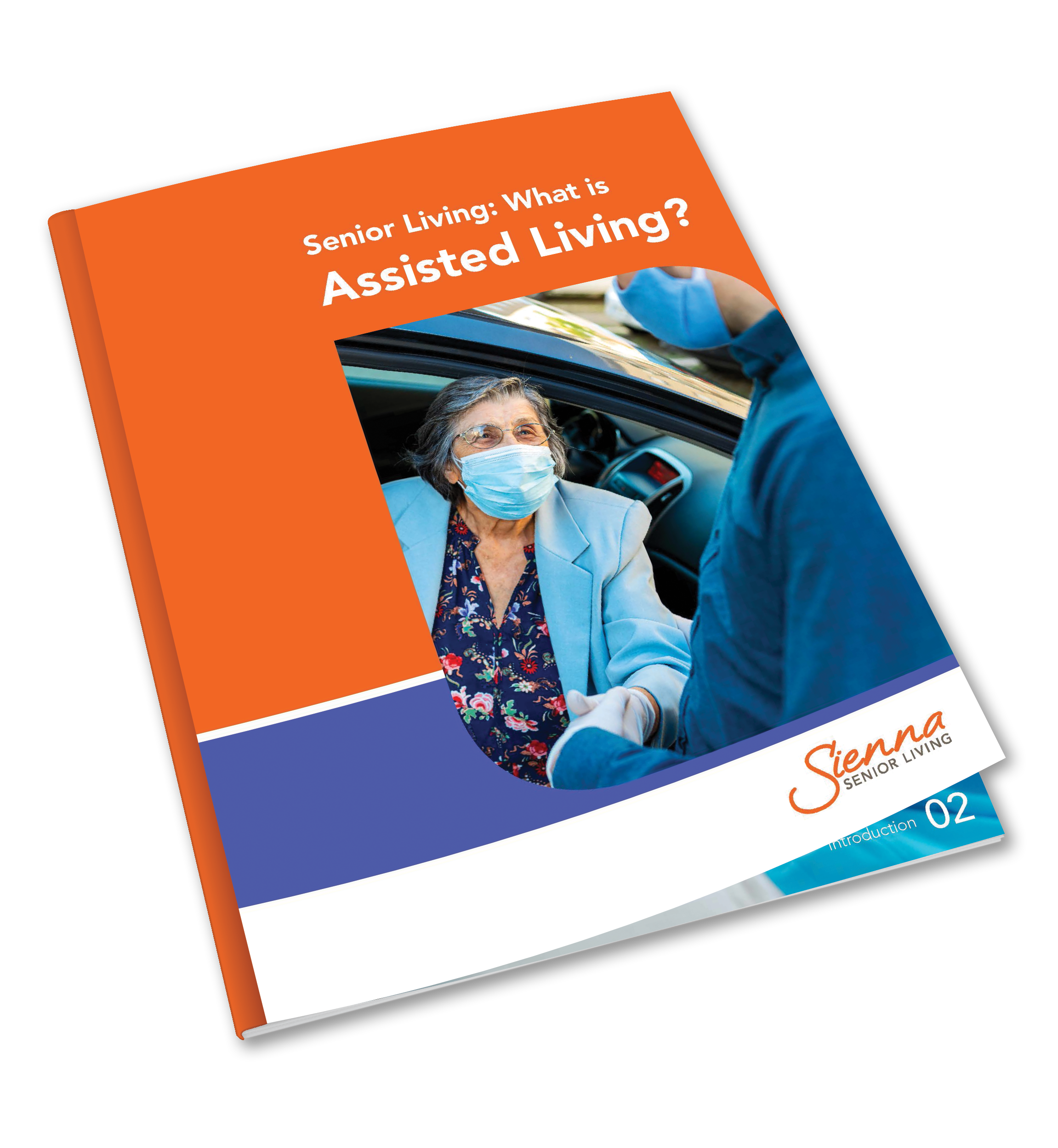 Assisted living guide cover with a senior in mask smiling towards a man in mask who is helping her to get off the car