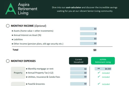 Aspira Retirement Living Cost Calculator
